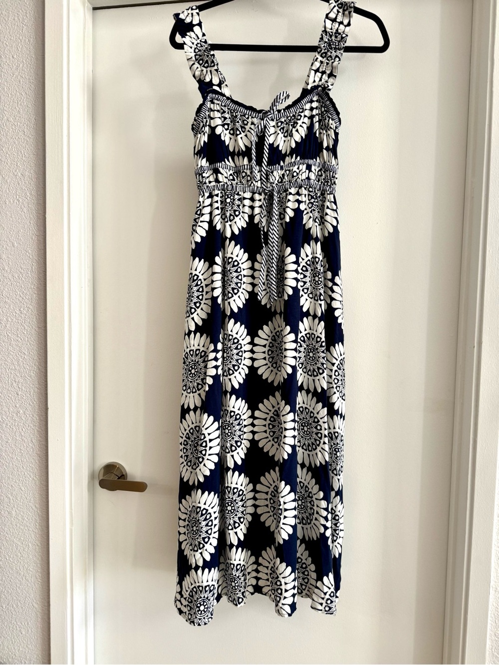 Zoe& Claire Smocked Navy Maxi Dress with White Floral Medallion Print